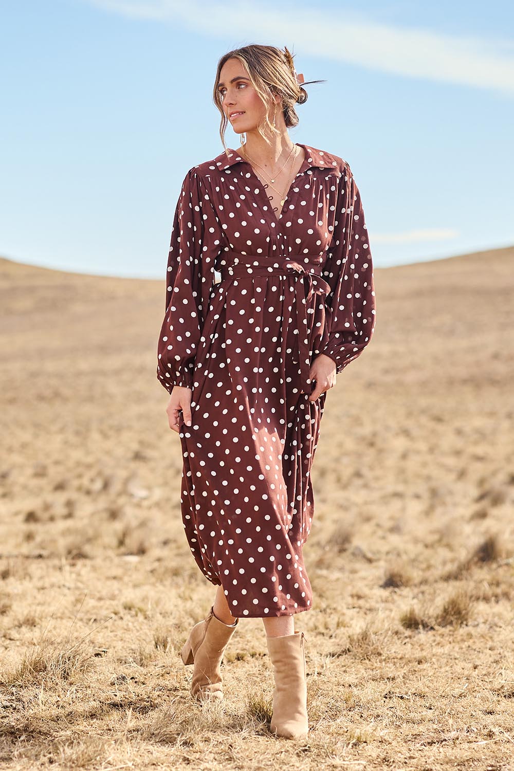 Model Tegan wearing size 10 of the I Can Always Spot You Midi Dress in colour Chocspot, from the front, showing the whole outfit