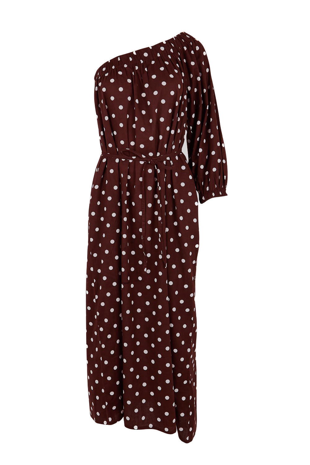 Product shot of the Spotted You One Shoulder Cotton Dress – Chocolate in colour Chocolate, from the front