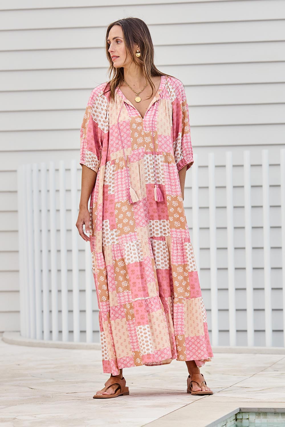 Model Tegand wearing size 10 of the Love Letter Maxi Dress – Petalpatch in colour Petalpatch, from the front