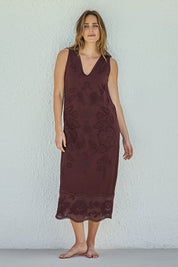 Model Tegand wearing size 10 of the Love Lessons Embroidered Shift Dress – Chocolate in colour Chocolate, from the front