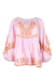 Product shot of the Loving You Is Easy Embroidered Cotton Blouse  - Pinktangerine in colour Pinktangerine, from the front