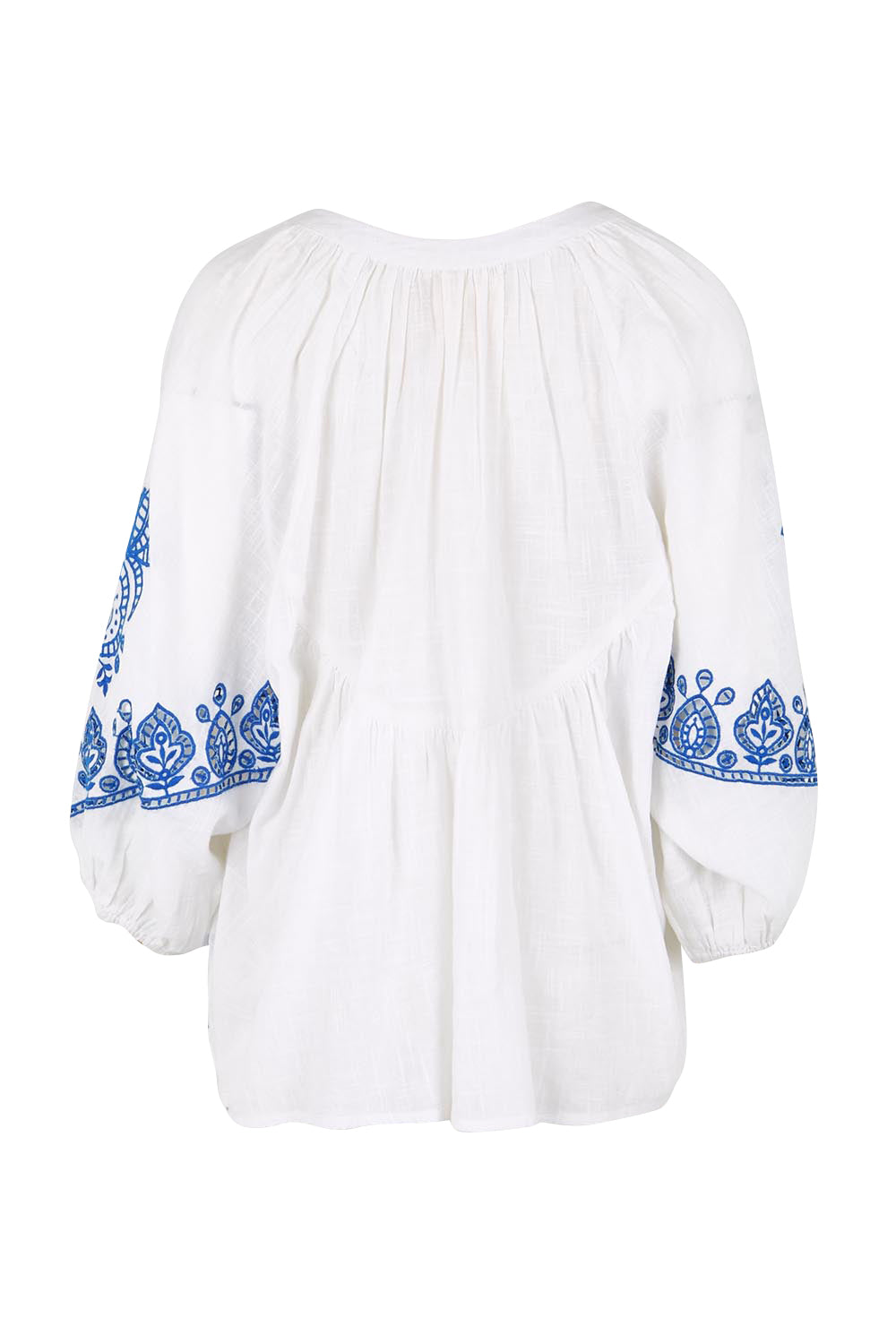 Product shot of the Loving You Is Easy Embroidered Cotton Blouse – Whiteblue in colour Whiteblue, from the back