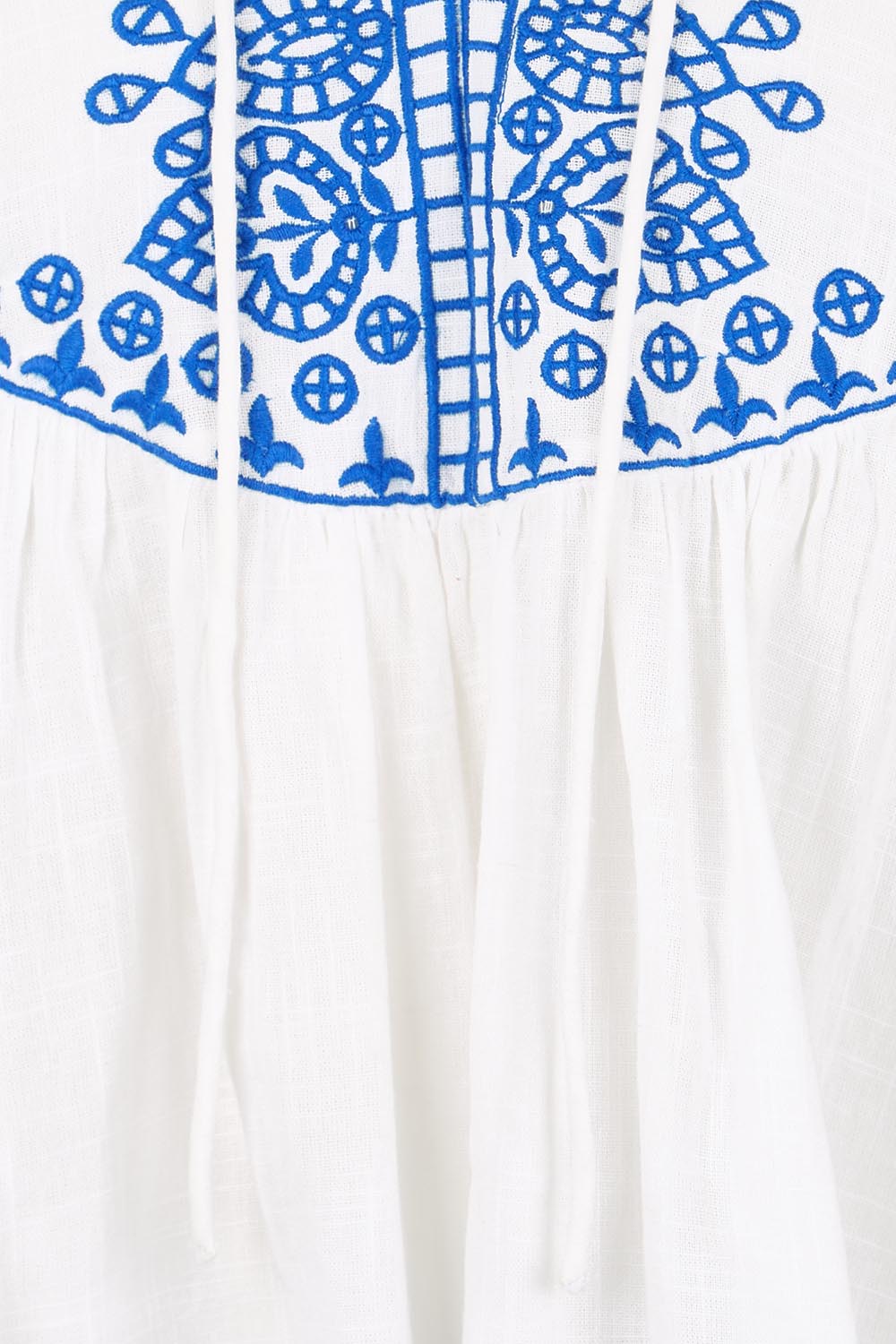 Product shot of the Loving You Is Easy Embroidered Cotton Blouse – Whiteblue in colour Whiteblue, showing detail