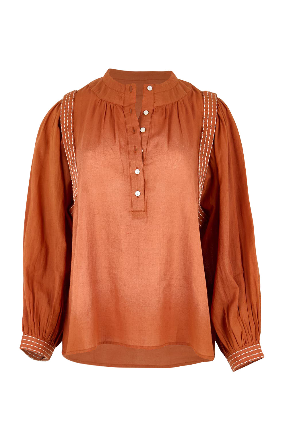 Product shot of the Out And About Cotton Blouse – Rust in colour Rust, from the front