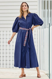 Model Tegand wearing size 10 of the Lunch With The Girls Cotton Poplin Dress – Deepblue in colour Deepblue, from the front