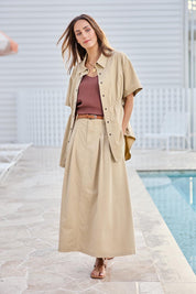 Model Tegand wearing size 10 of the Going Places Denim Shirt Jacket – Sand in colour Sand, from the front