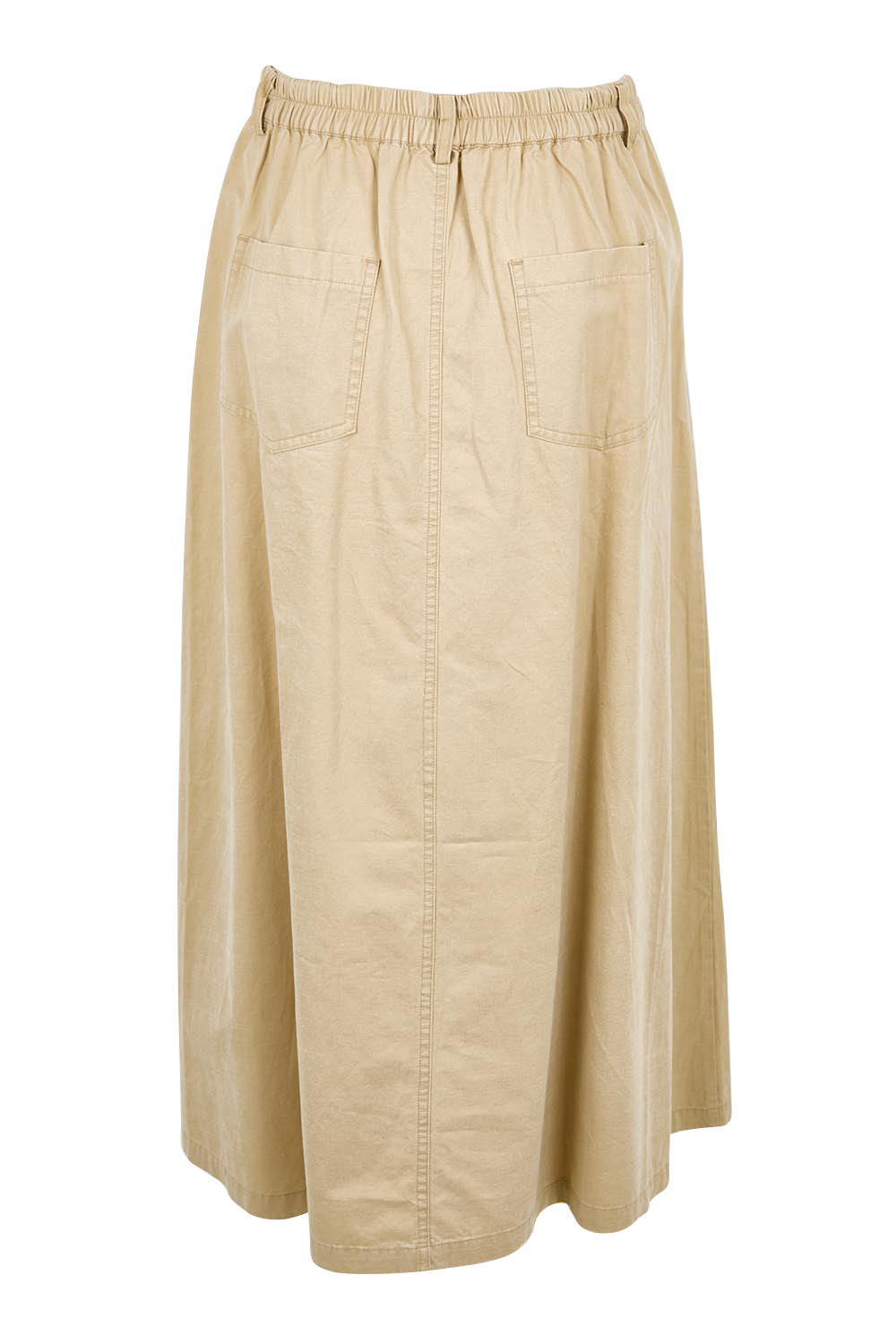 Product shot of the Going Places Denim Skirt – Sand in colour Sand, from the back