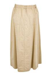 Product shot of the Going Places Denim Skirt – Sand in colour Sand, from the back