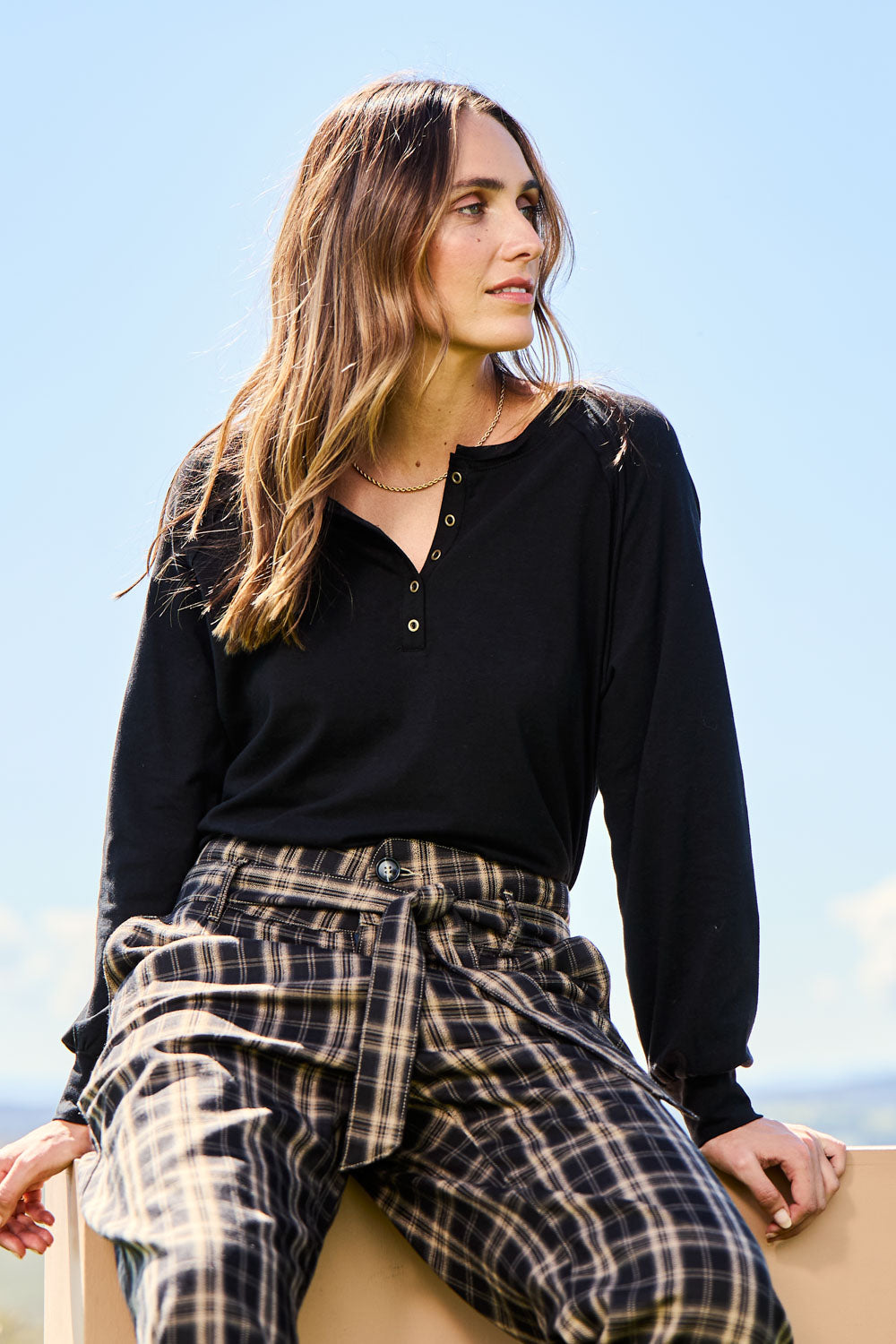 Cruising Through The Day Cotton Henley Top – Black