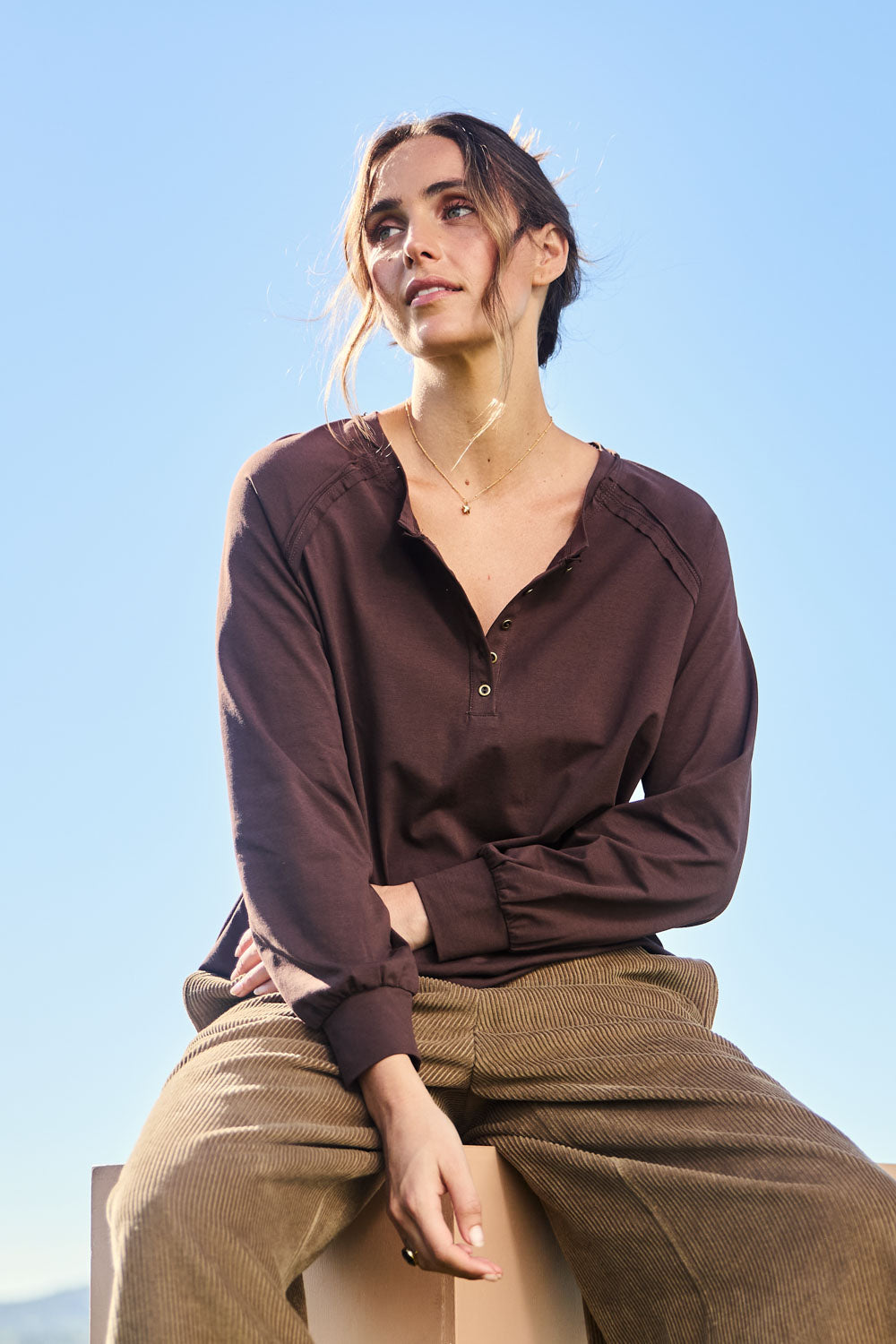 Cruising Through The Day Cotton Henley Top – Chocolate