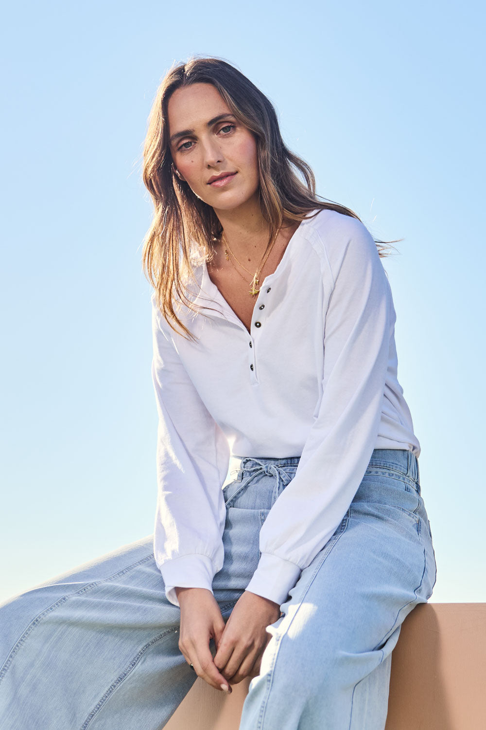 Cruising Through The Day Cotton Henley Top – White