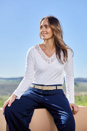 Model Tegand wearing size 10 of the Feeling Lacey Cotton Long Sleeve Layering Tee – White in colour White, in a cropped view