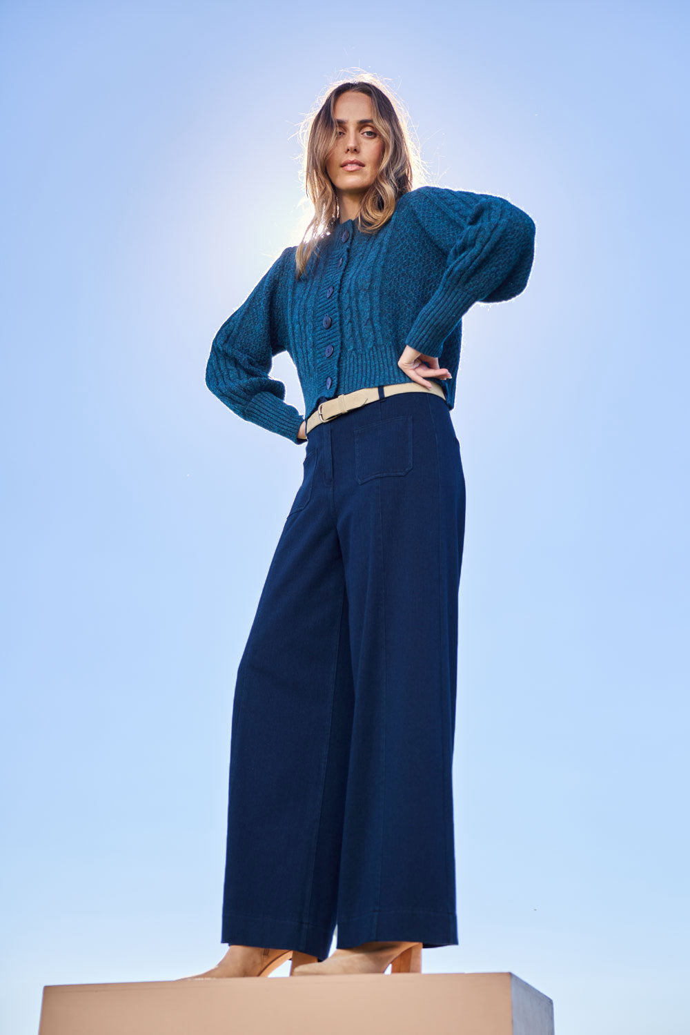 Model Tegand wearing size 10 of the Never Want To Take Me Off Denim Look Pants – Denim in colour Denim, from the front