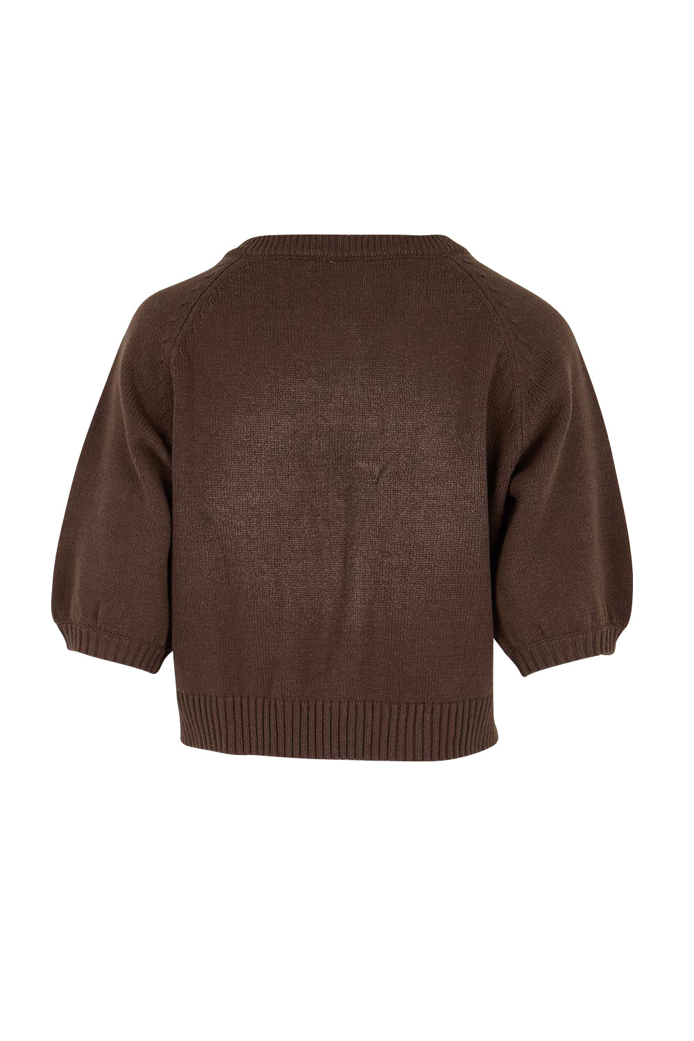 Product shot of the Clear Skies Balloon Sleeve Cardi – Chocolate in colour Chocolate, from the back