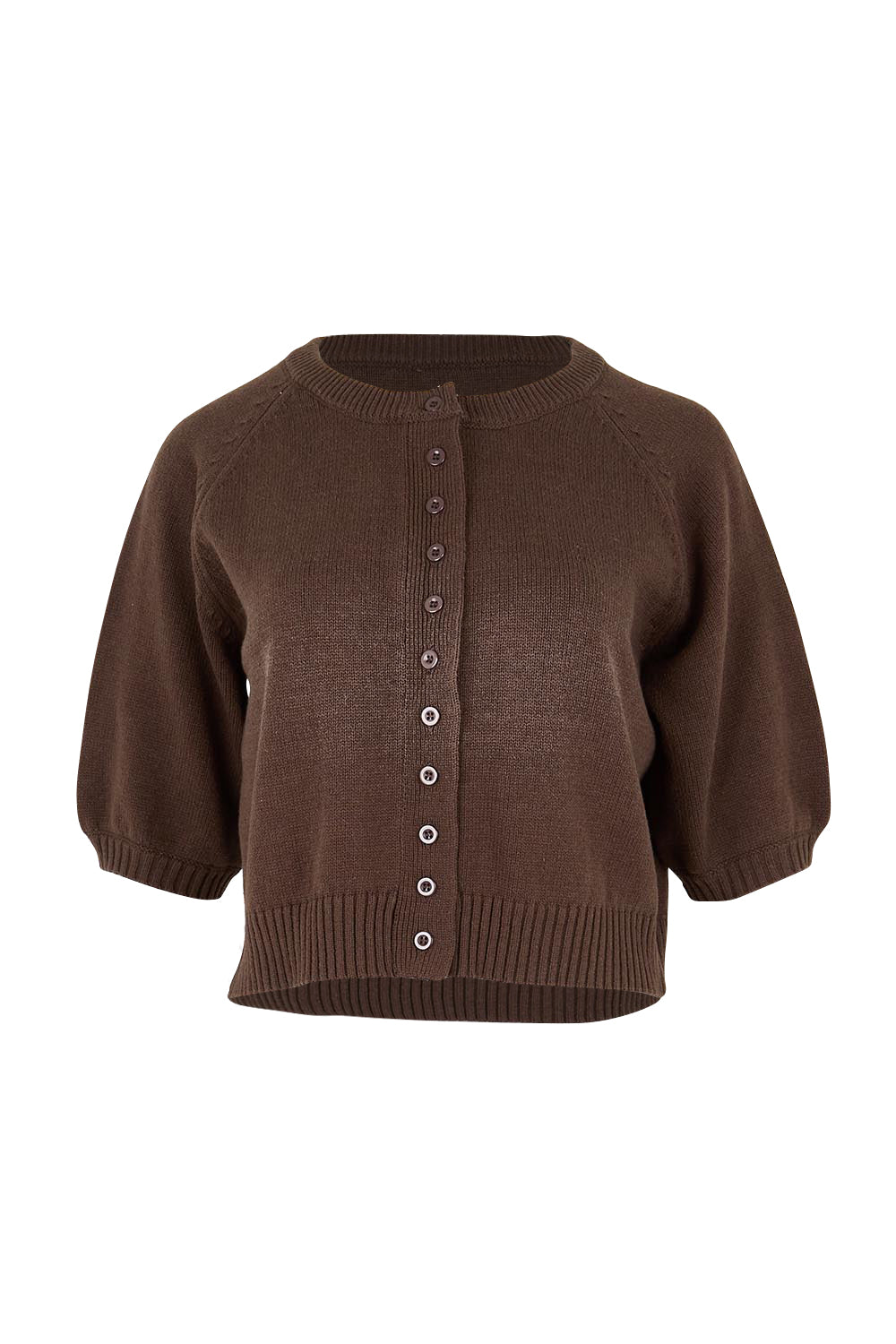 Product shot of the Clear Skies Balloon Sleeve Cardi – Chocolate in colour Chocolate, from the front