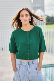 Model Tegand wearing size 10 of the Clear Skies Balloon Sleeve Cotton Blend Cardi – Dreamgreen in colour Dreamgreen, in a cropped view