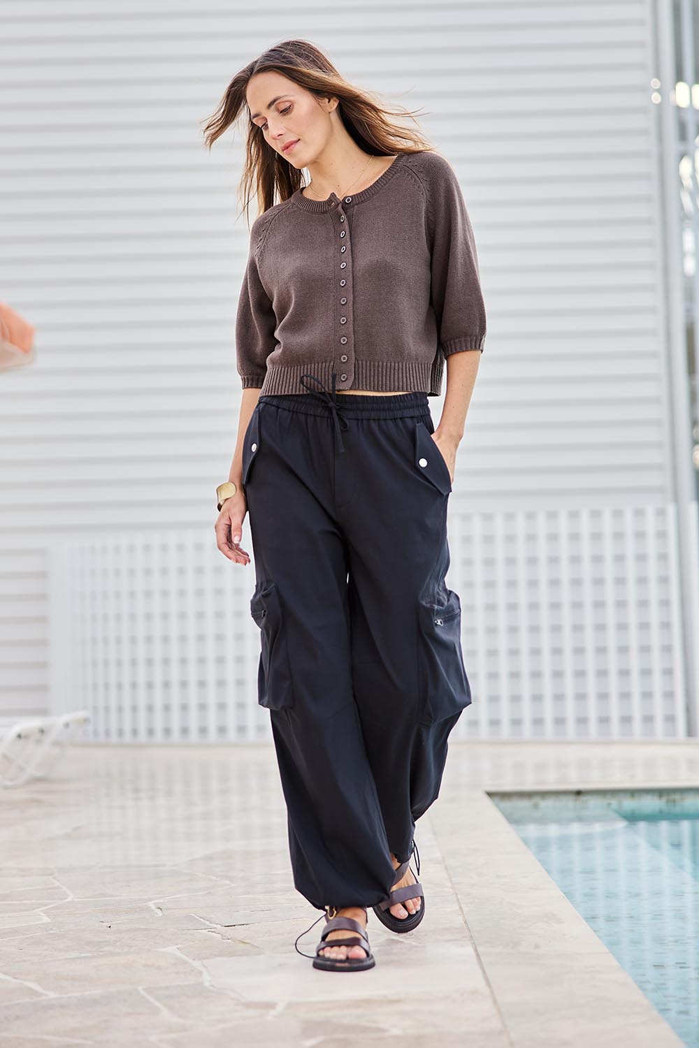Model Tegand wearing size 10 of the Ready for Anything Cargo Pants – Black in colour Black, from the front
