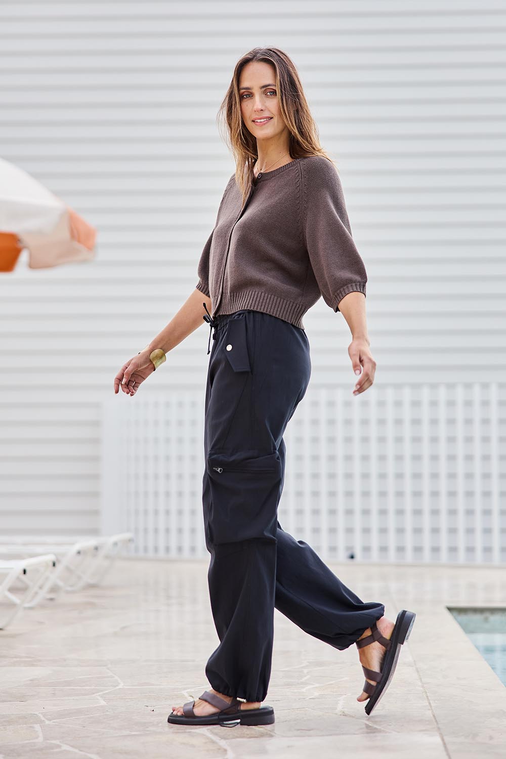 Model Tegand wearing size 10 of the Ready for Anything Cargo Pants – Black in colour Black, from the front