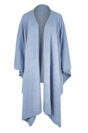 Product shot of the Wrap Me Up Knit Throw Cape – Denim in colour Denim, from the front