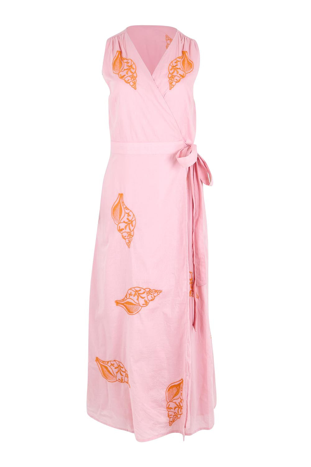 Product shot of the Sweet Pea Embroidered Cotton Wrap Dress - Pinktangerine in colour Pinktangerine, from the front