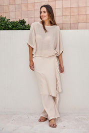 Model Tegand wearing size 10 of the Summer Ready Cotton Overlay Knit Pants – Natural in colour Natural, from the front