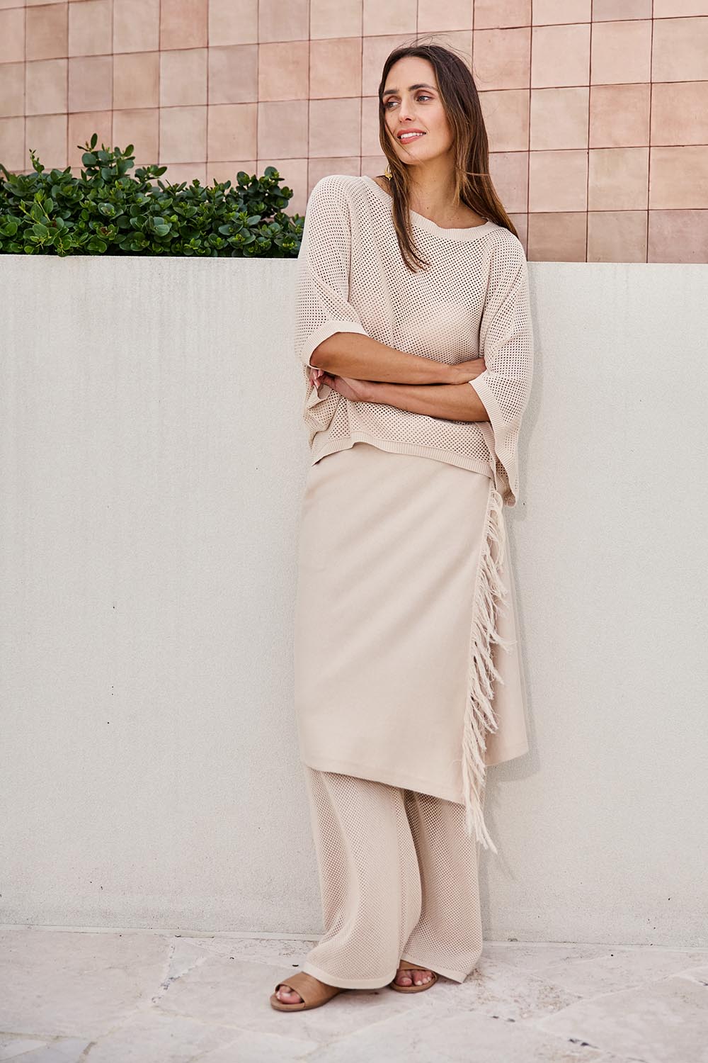 Model Tegand wearing size 10 of the Summer Ready Cotton Overlay Knit Pants – Natural in colour Natural, from the front