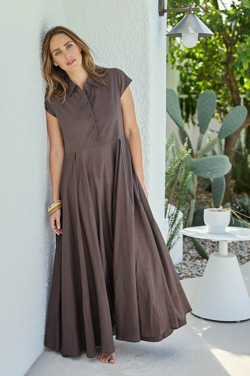 Model Tegand wearing size 10 of the Easy Elegance Cotton Voile Maxi Dress - Chocolate in colour Chocolate, from the front