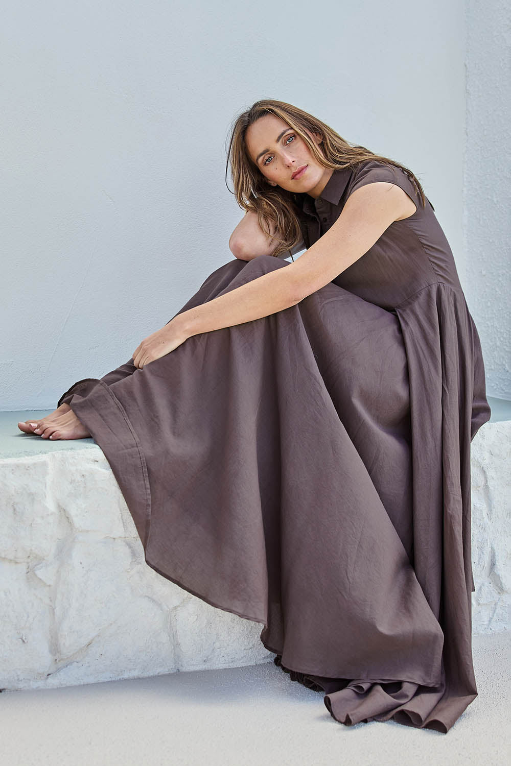 Model Tegand wearing size 10 of the Easy Elegance Cotton Voile Maxi Dress - Chocolate in colour Chocolate, from the front