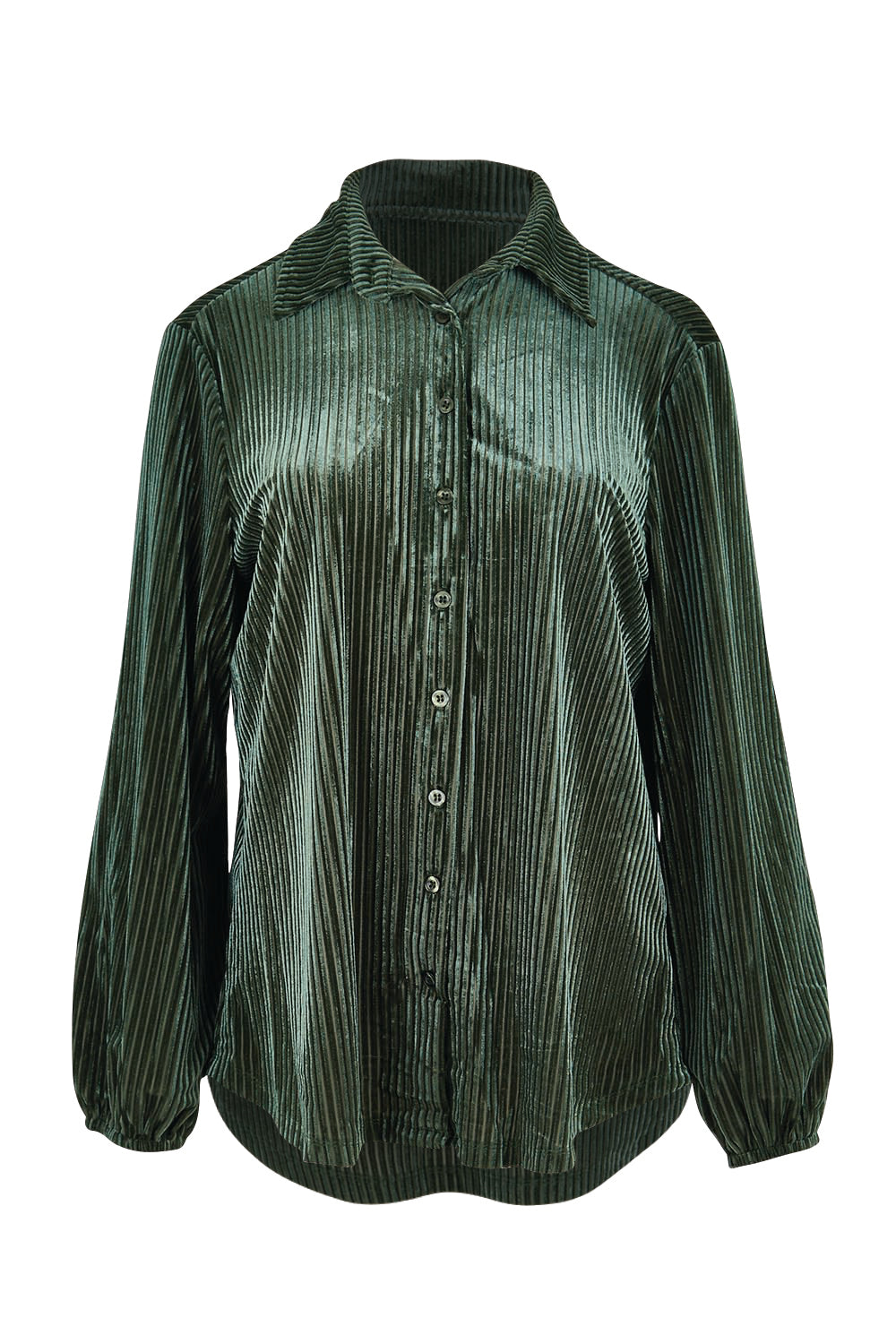 Product shot of the Shine Your Light Velvet Shirt – Thyme in colour Thyme, from the front