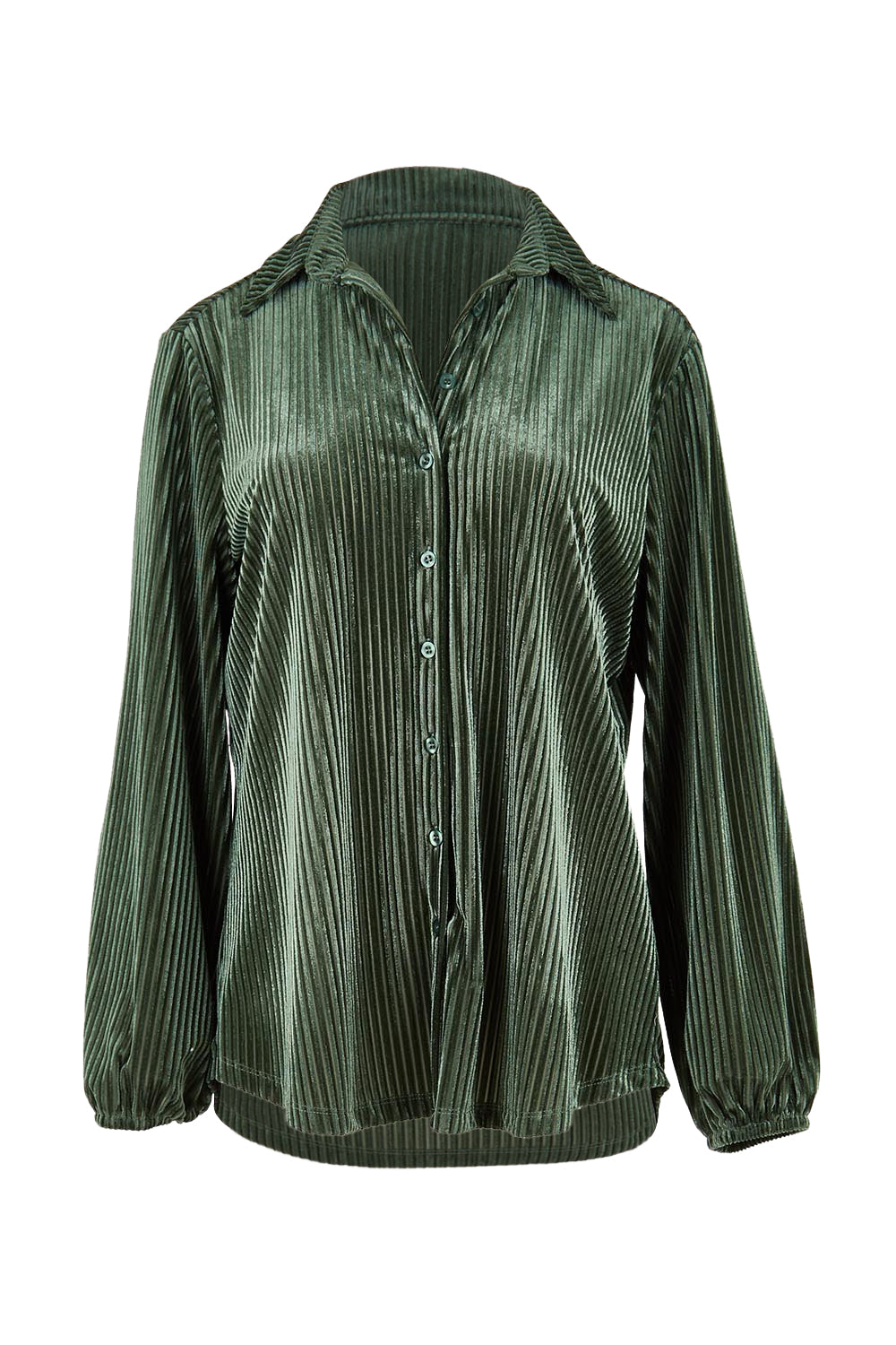 Product shot of the Shine Your Light Velvet Shirt – Thyme in colour Thyme, from the front