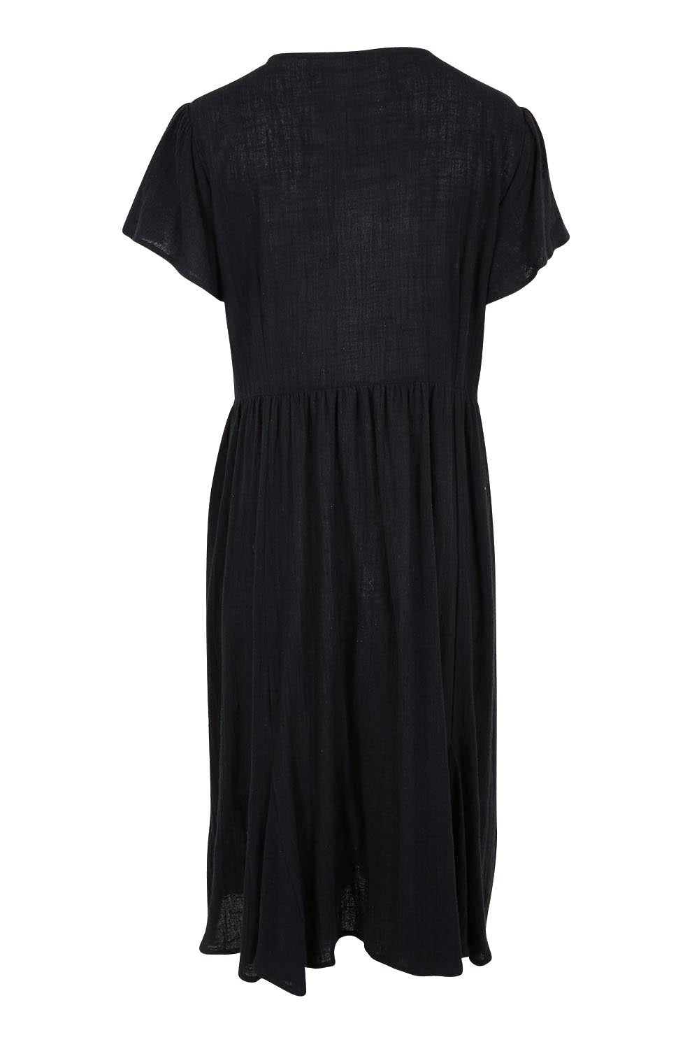 Product shot of the Cute As A Button Cotton Midi Dress – Black in colour Black, from the back