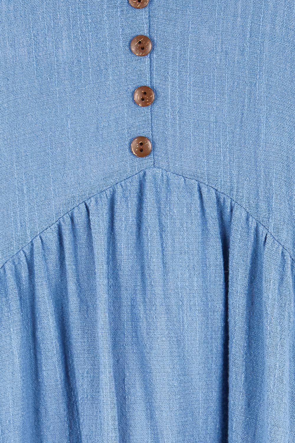 Product shot of the Cute As A Button Cotton Midi Dress – Bluebell in colour Bluebell, showing detail