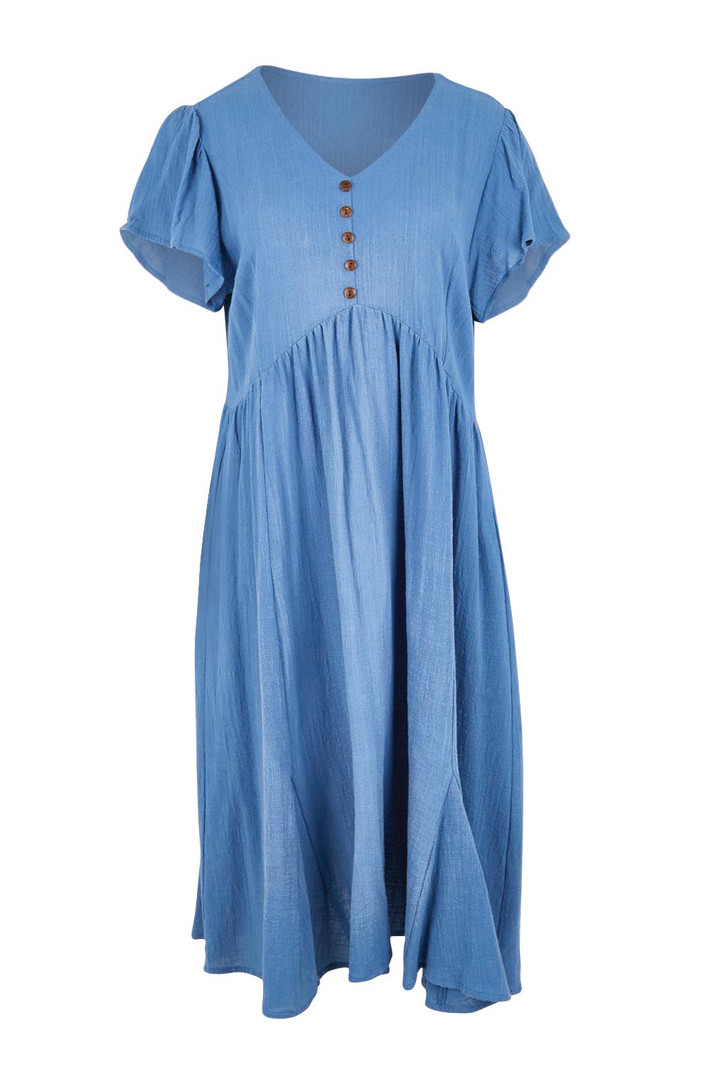 Product shot of the Cute As A Button Cotton Midi Dress – Bluebell in colour Bluebell, from the front
