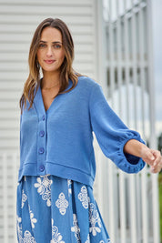 Model Tegand wearing size 10 of the Easy Day Balloon Sleeve Cropped Cardi – Skyblue in colour Skyblue, from an angle