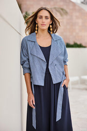 Model Tegand wearing size 10 of the Errand Run Cropped Cotton Trench – Bluestripe in colour Bluestripe, in a cropped view