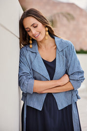 Model Tegand wearing size 10 of the Errand Run Cropped Cotton Trench – Bluestripe in colour Bluestripe, in a cropped view