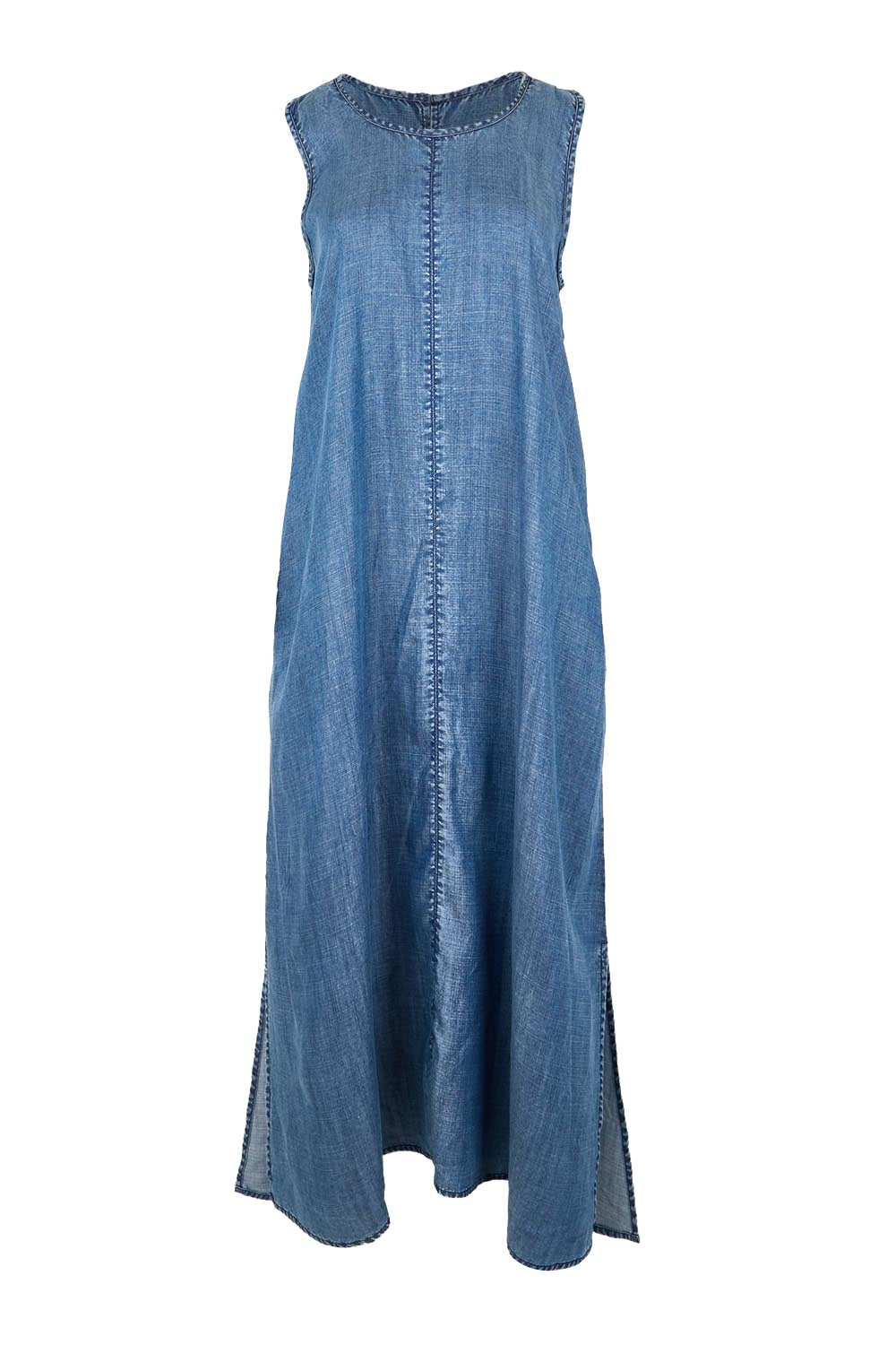 Product shot of the Perfect Day Lyocell Shift Maxi Dress – Denim in colour Denim, from the front