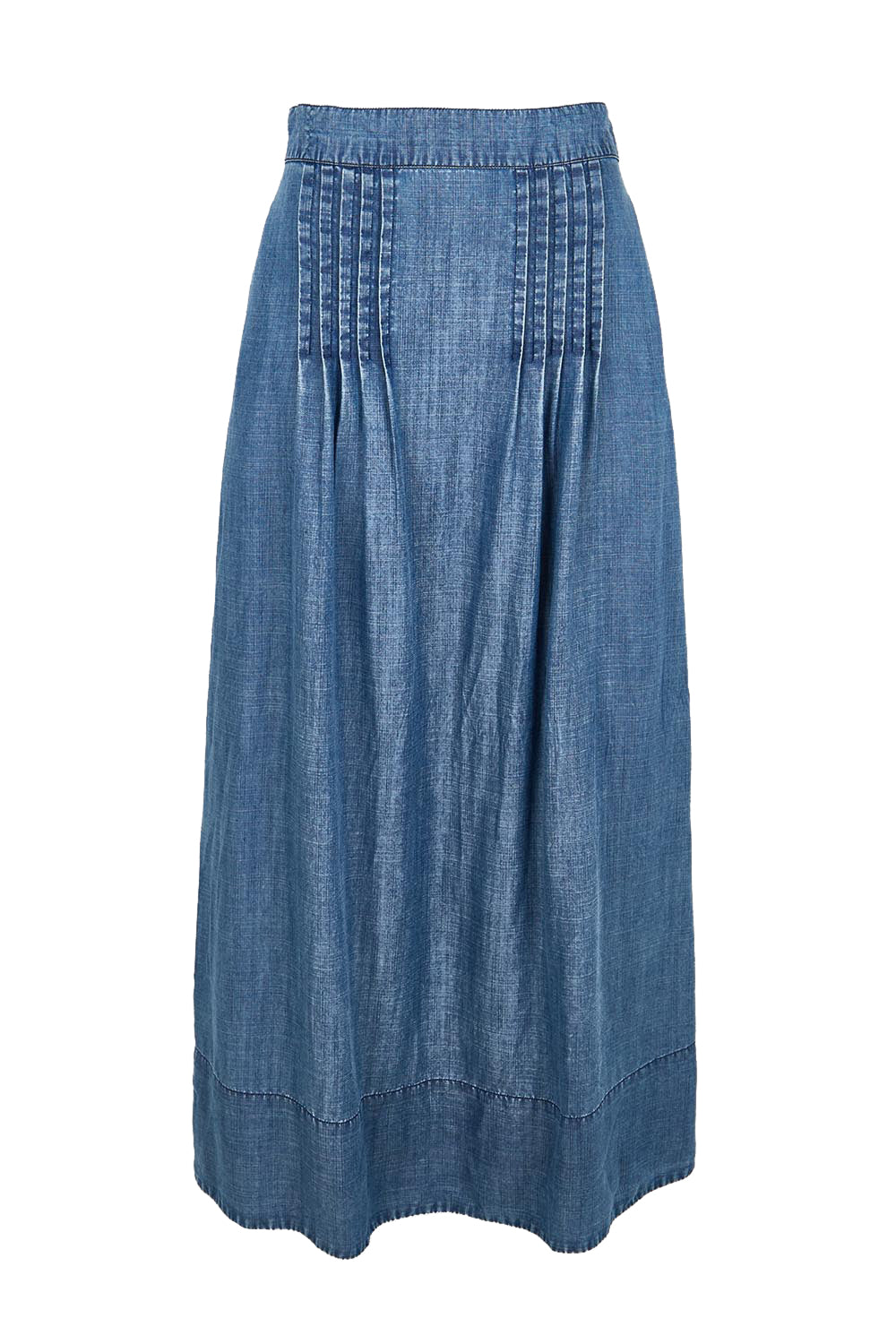 Product shot of the Perfect Day Pleat Detail Lyocell Maxi Skirt – Denim in colour Denim, from the front