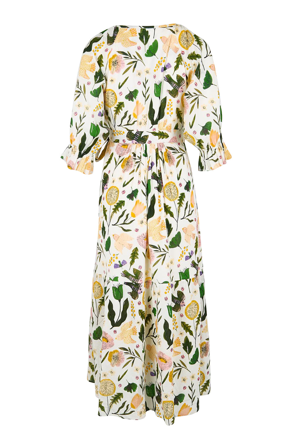 Product shot of the Frill of Birds Cotton Wrap Dress - Birdfleur in colour Birdfleur, from the back
