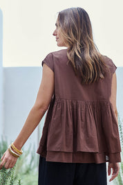 Model Tegand wearing size 10 of the Easy Love Pintuck Cotton Blouse – Chocolate in colour Chocolate, from the back