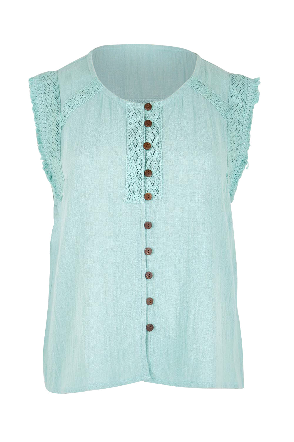 Product shot of the Cute As A Button Fringed Tank – Mint in colour Mint, from the front