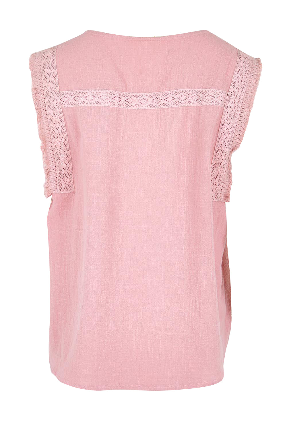 Product shot of the Cute As A Button Fringed Tank – Rose in colour Rose, from the back