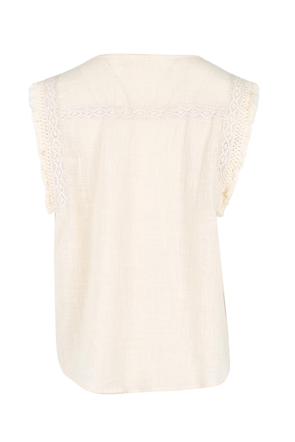 Product shot of the Cute As A Button Fringed Tank – Sand in colour Sand, from the back
