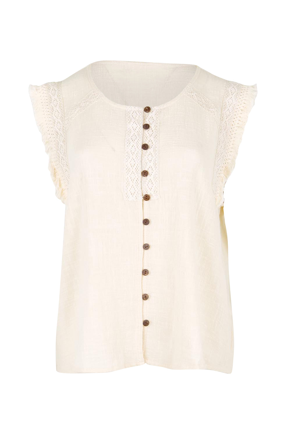 Product shot of the Cute As A Button Fringed Tank – Sand in colour Sand, from the front