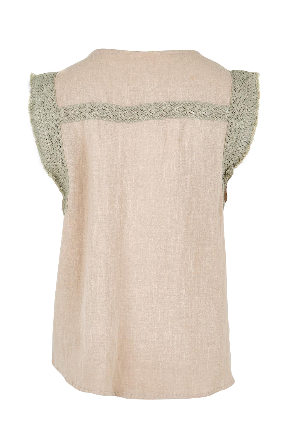 Product shot of the Cute As A Button Fringed Tank – Stone in colour Stone, from the back