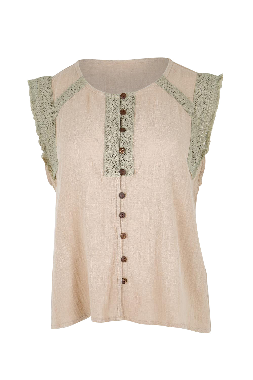 Product shot of the Cute As A Button Fringed Tank – Stone in colour Stone, from the front