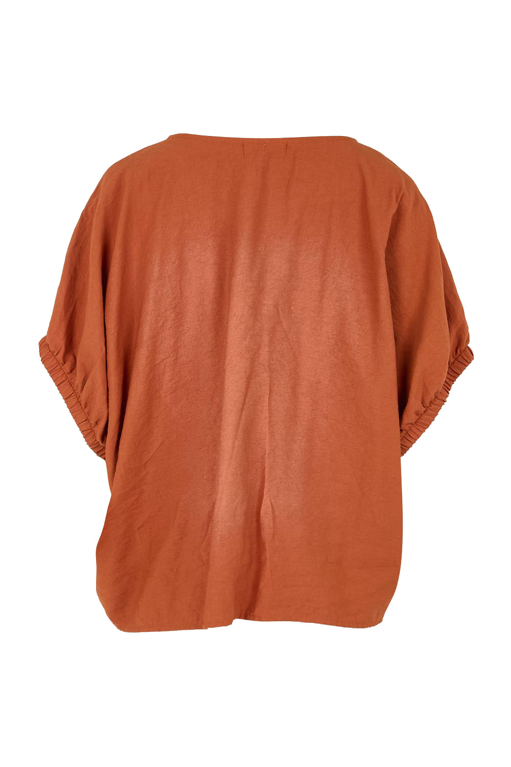 Product shot of the Sun Gazer Balloon Sleeve Top – Rust in colour Rust, from the back