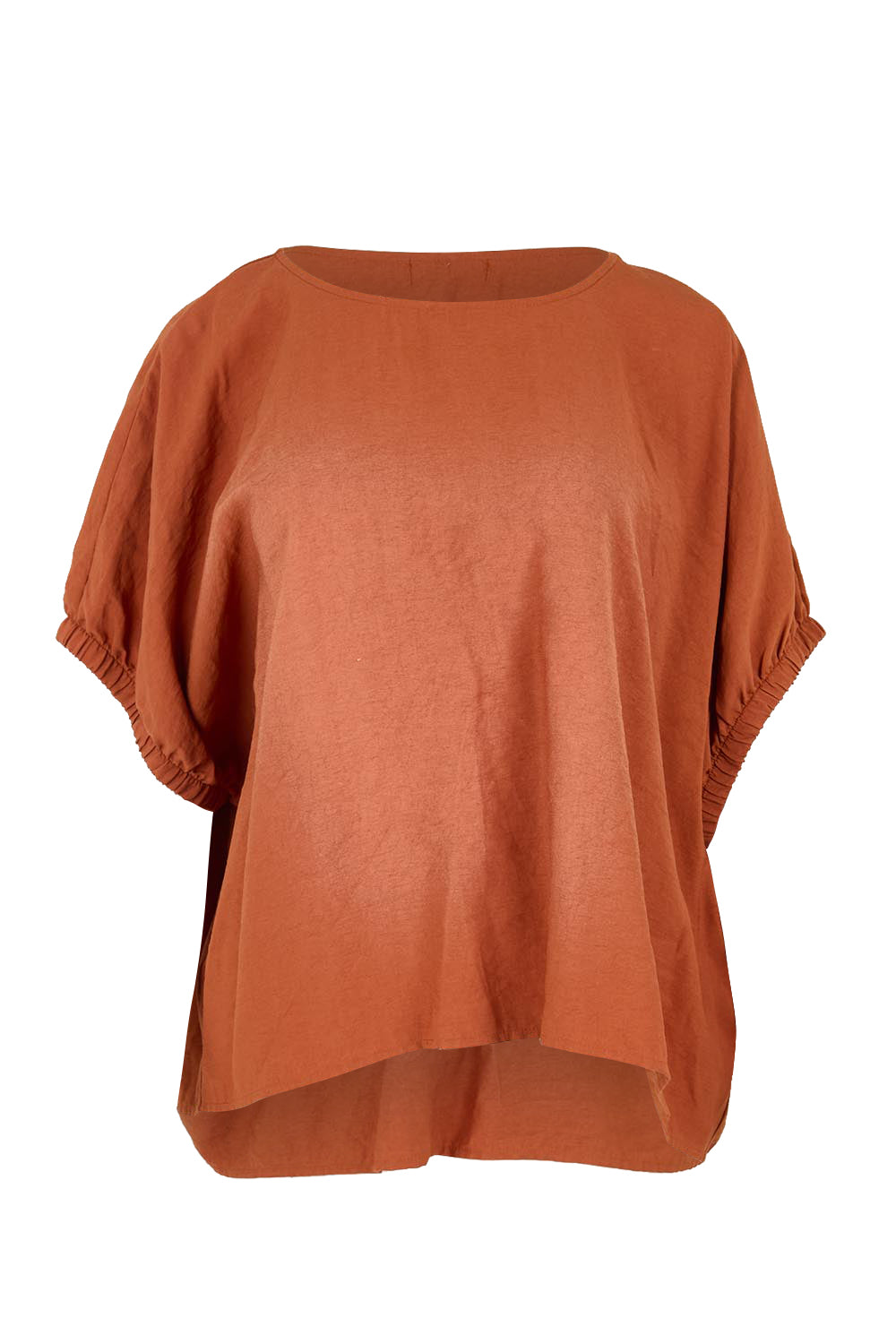 Product shot of the Sun Gazer Balloon Sleeve Top – Rust in colour Rust, from the front