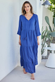 Model Tegand wearing size 10 of the Summer Sun Cotton Maxi Dress – Cornflower in colour Cornflower, from the front