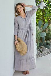 Model Tegand wearing size 10 of the Summer Sun Cotton Maxi Dress – Latte in colour Latte, from the front